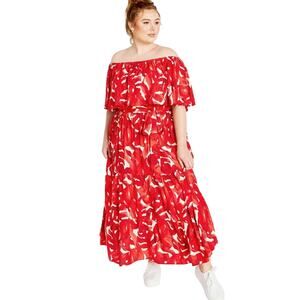 City Chic Women's Off The Shoulder Midi Maxi Dress Boardwalk Print Red White 18